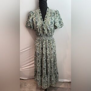 Max Studio Green Cream Floral Maxi Dress with Smocked Waist